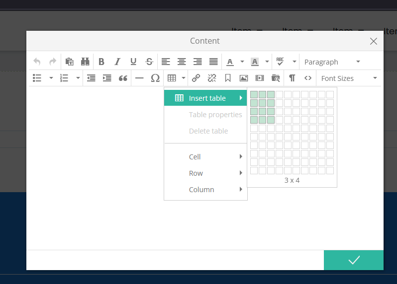 Inserting a table using the dropdown grid