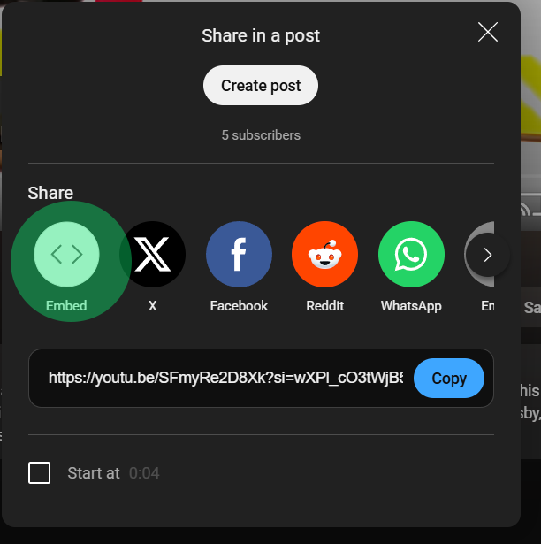 YouTube Share dialog with Embed option