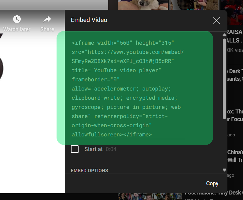 YouTube Embed Code dialog showing iframe code