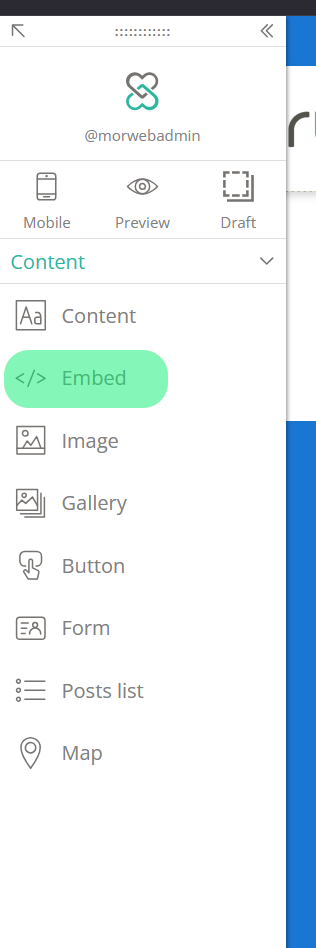 Morweb page editor showing Embed option