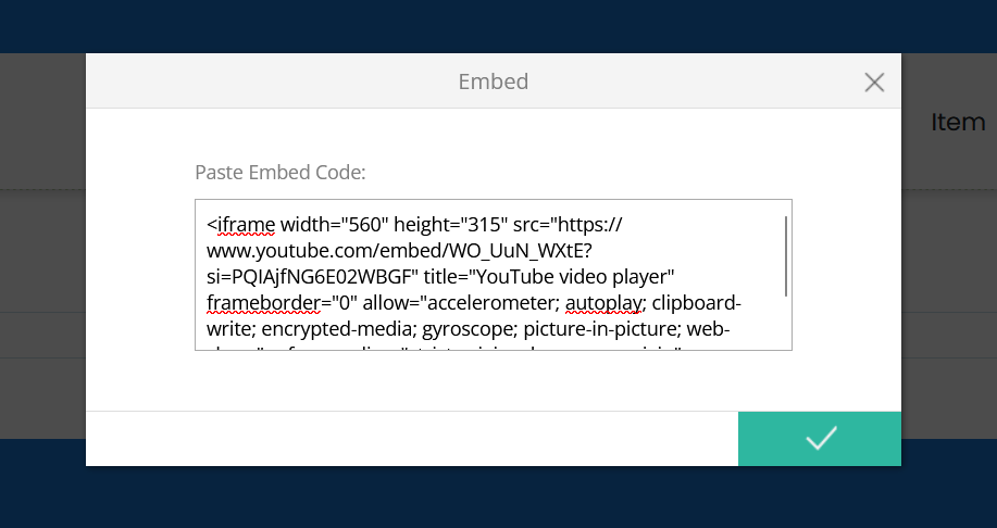 Morweb Embed dialog with iframe code pasted