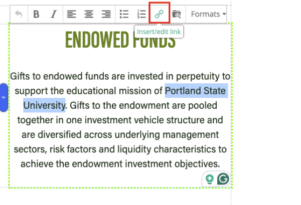 edit menu with link icon highlighted