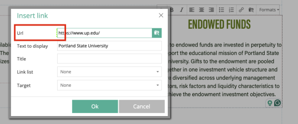 link options with URL field highlighted