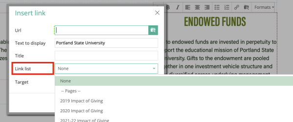 link options with Link List field highlighted