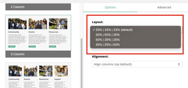 columns layout settings