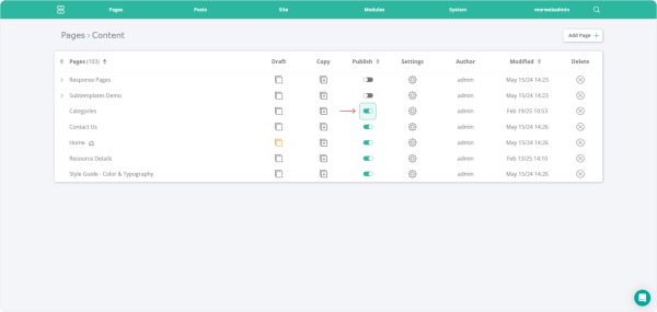 click the Publish toggle to publish or unpublish a page