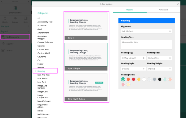 subtemplate options for headings