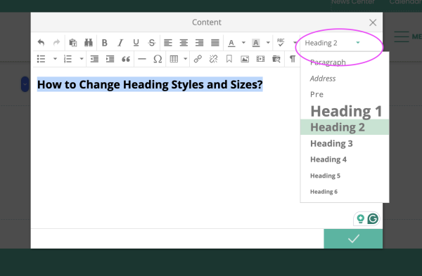 headings dropdown in content editor