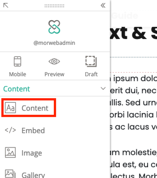 widget palette with Content widget selected