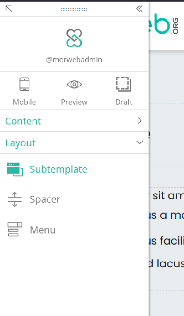 widget palette with Subtemplate highlighted