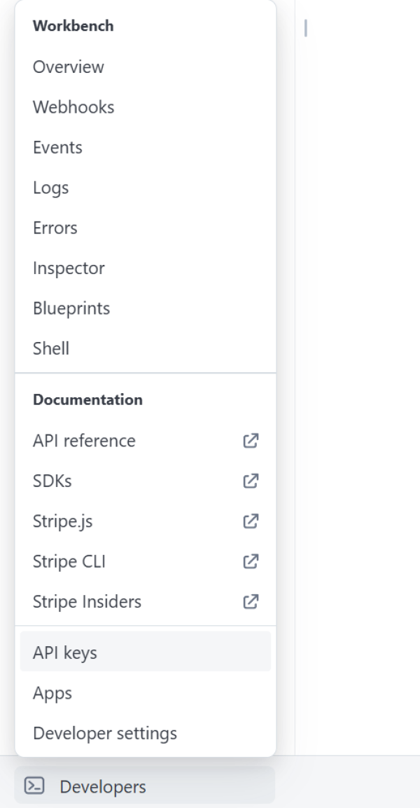Stripe API keys page screenshot