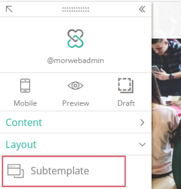 widget palette with Subtemplate highlighted