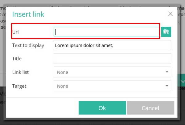 Link editor with URL Field highlighted