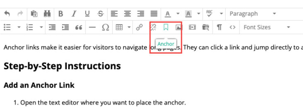 content editor anchor button