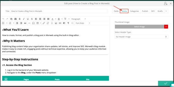 blog editor with Media tab highlighted