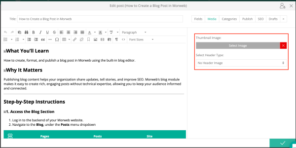 blog editor media tab with upload fields highlighted