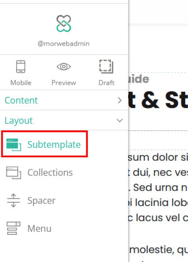 live editor with subtemplate selected