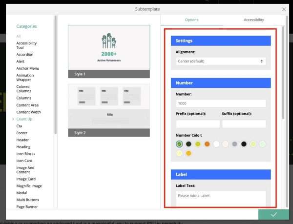 count up subtemplate options
