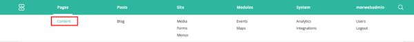 The Morweb backend menu with Pages highlighted
