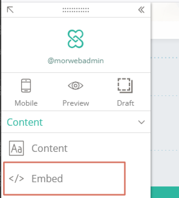 widget palette with Embed highlighted