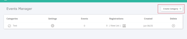 events page with create category button selected