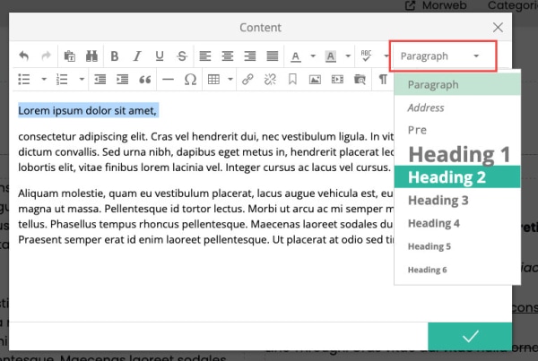 text editor with headings dropdown highlighted