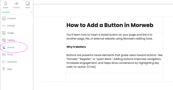 Button icon dragged into page