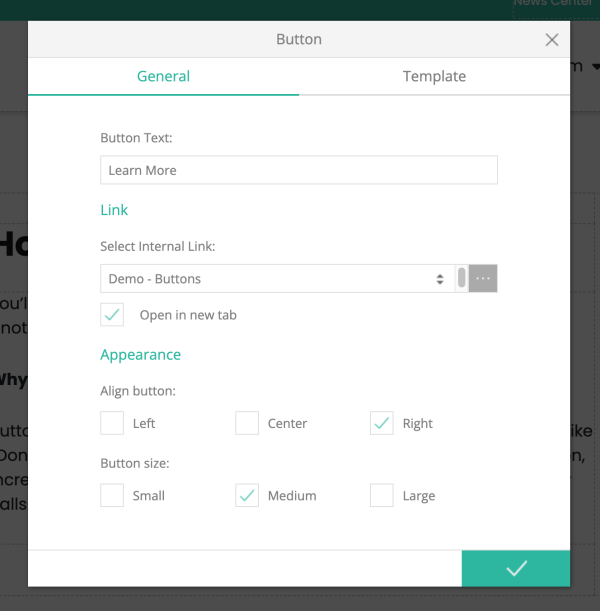 Button appearance settings for size and alignment