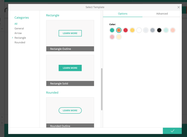 Button editor showing template and color options