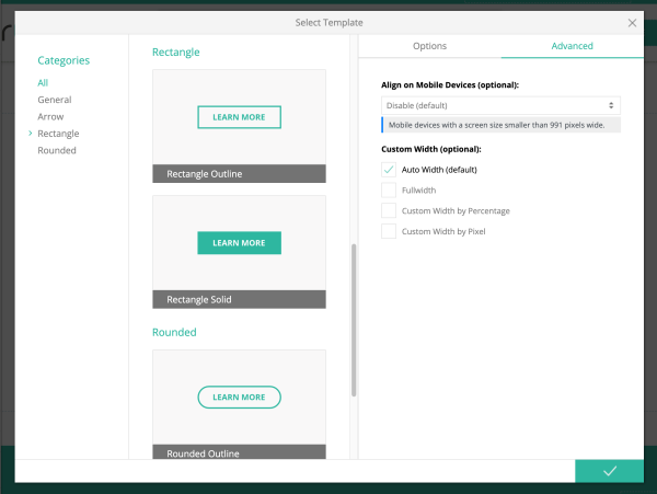 Advanced settings panel with custom width options