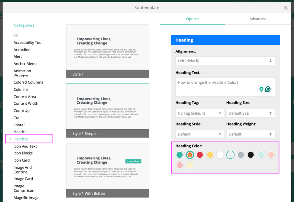 heading subtemplate options