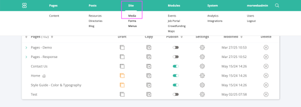 media section of backend menu