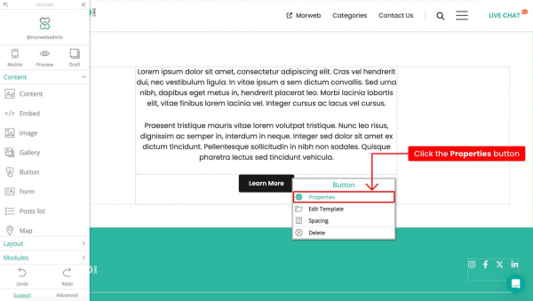 Button options with properties highlighted