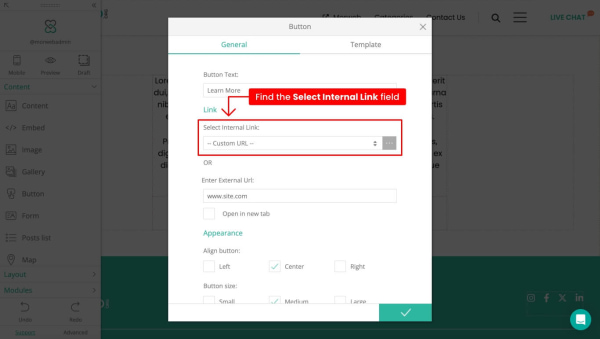Select Internal Link field highlighted