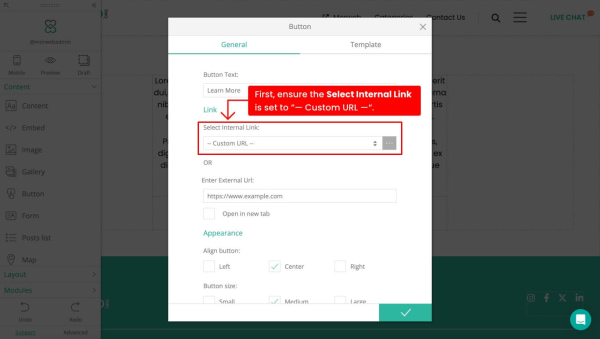 Ensure the Select Internal Link is set correctly