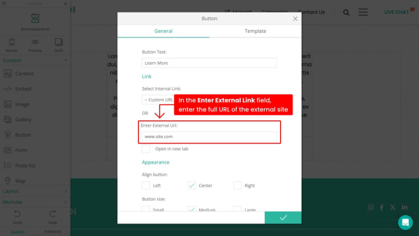 In the Enter External Link field, enter the full URL of the external site