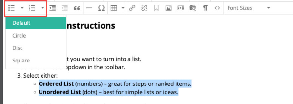 content editor list options