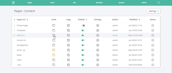 Pages list with draft icon highlighted