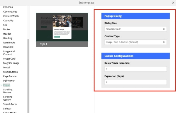 popup subtemplate settings