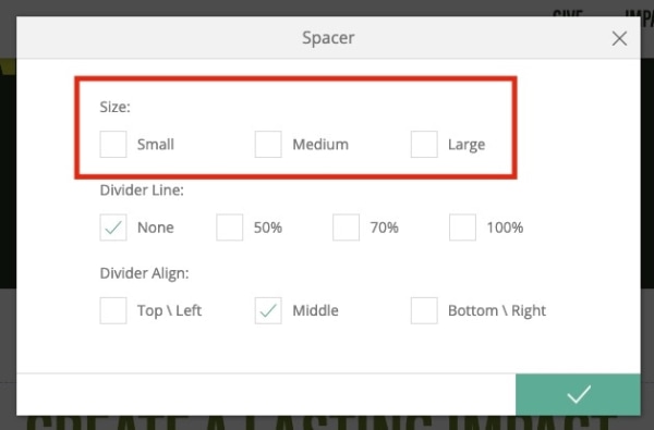 spacer window with size options highlighted